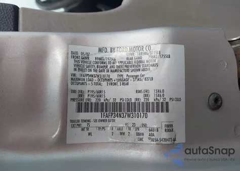 2007 Ford Focus S/Se/Ses z USA, uszkodzony, nr VIN 1FAFP34N37W310170